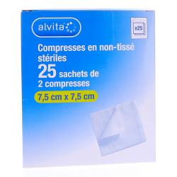 ALVITA Compresses en non-tissé stériles Taille 7.5 * 7.5cm - 50 sachets de 2 compresses