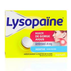 LYSOPAÏNE MAUX DE GORGE AMBROXOL MENTHE 20 mg SANS SUCRE, pastille édulcorée au sorbitol et à la saccharine sodique