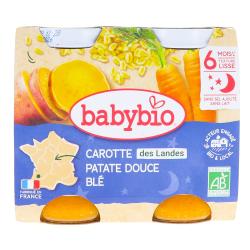 BABYBIO Repas du Soir - Petits pots carottes, patate douce, blé dès 6 mois 2x200g