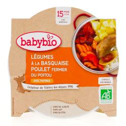 BABYBIO Repas du Midi - Petit plat Légumes à la Basquaise, poulet fermier du Poitou 260g dès 15 mois