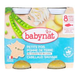 BABYBIO Repas du Midi - Petits pots Petits pois, Pomme de terre du Val de Loire, Cabillaud dès 8 mois 2x200g