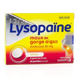 LYSOPAÏNE MAUX DE GORGE AMBROXOL CITRON 20 mg SANS SUCRE, pastille édulcorée au sorbitol et au sucralose